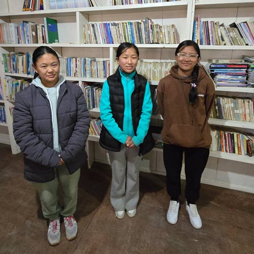 Photo of three girls standing in front of bookshelves.