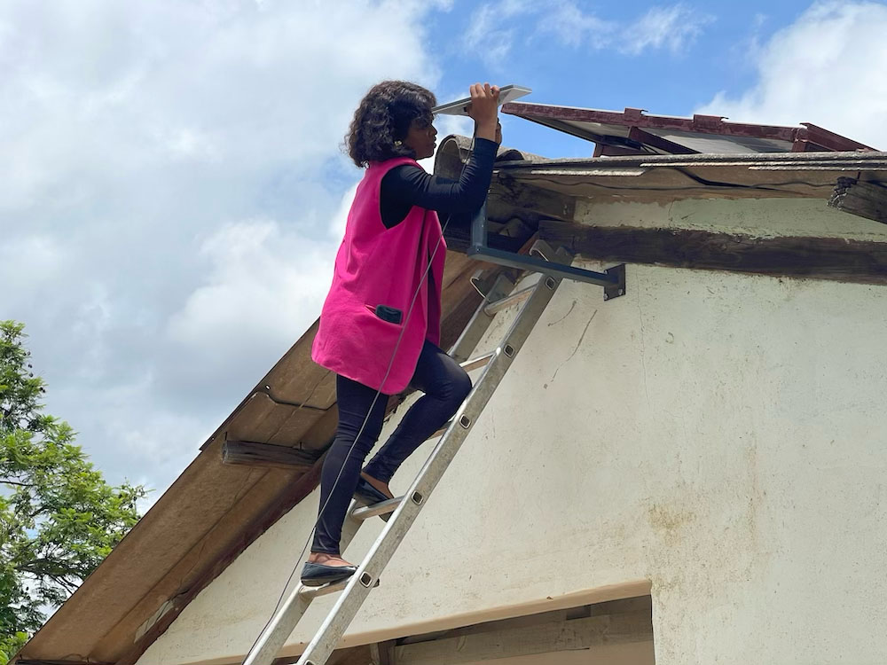 A woman stands on a ladder and installs Internet infrastructure